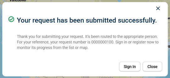 Successful Work Request Submitted Pop-up